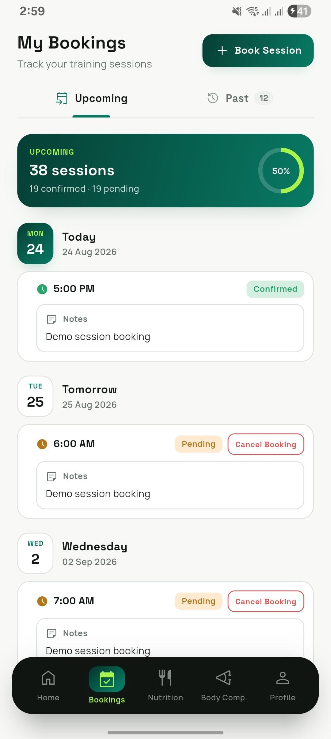 FITVOX offline trainee app — my booked gym sessions