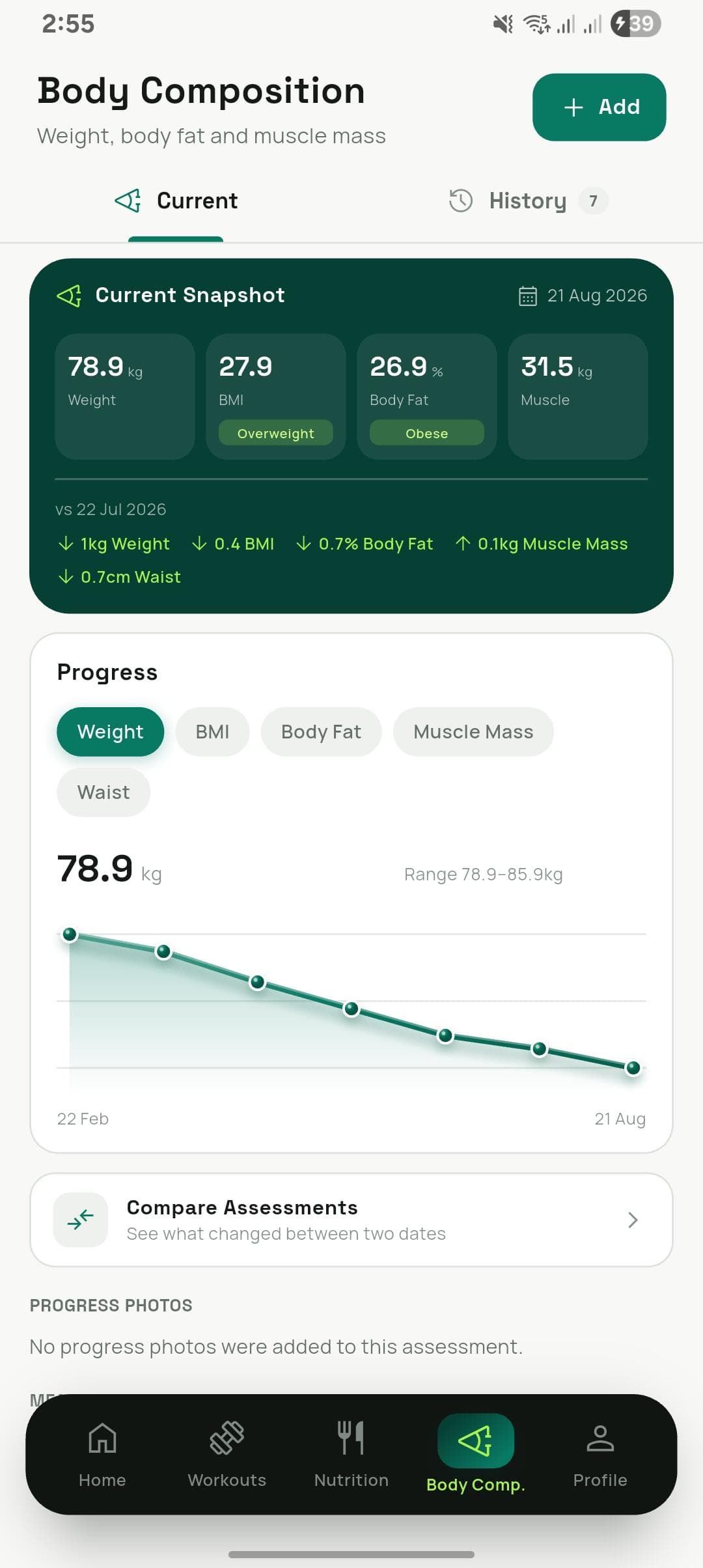 FITVOX online trainee app — body composition snapshot
